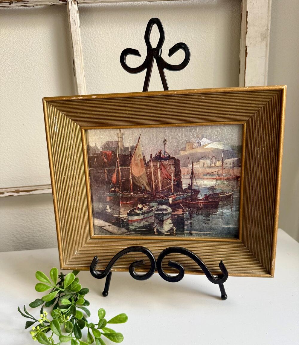 Vintage Foil Art Harbor Scene Print Metallic Nautical Wall Art